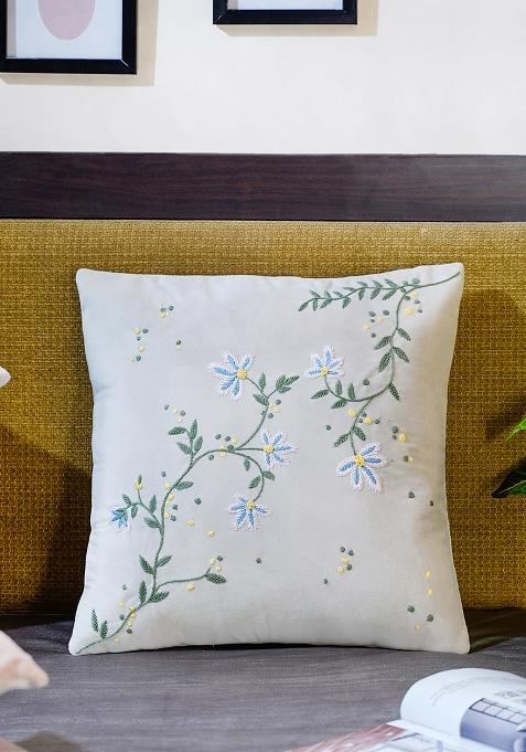 Off White White Velvet Floral Embroidered Cushion Covers