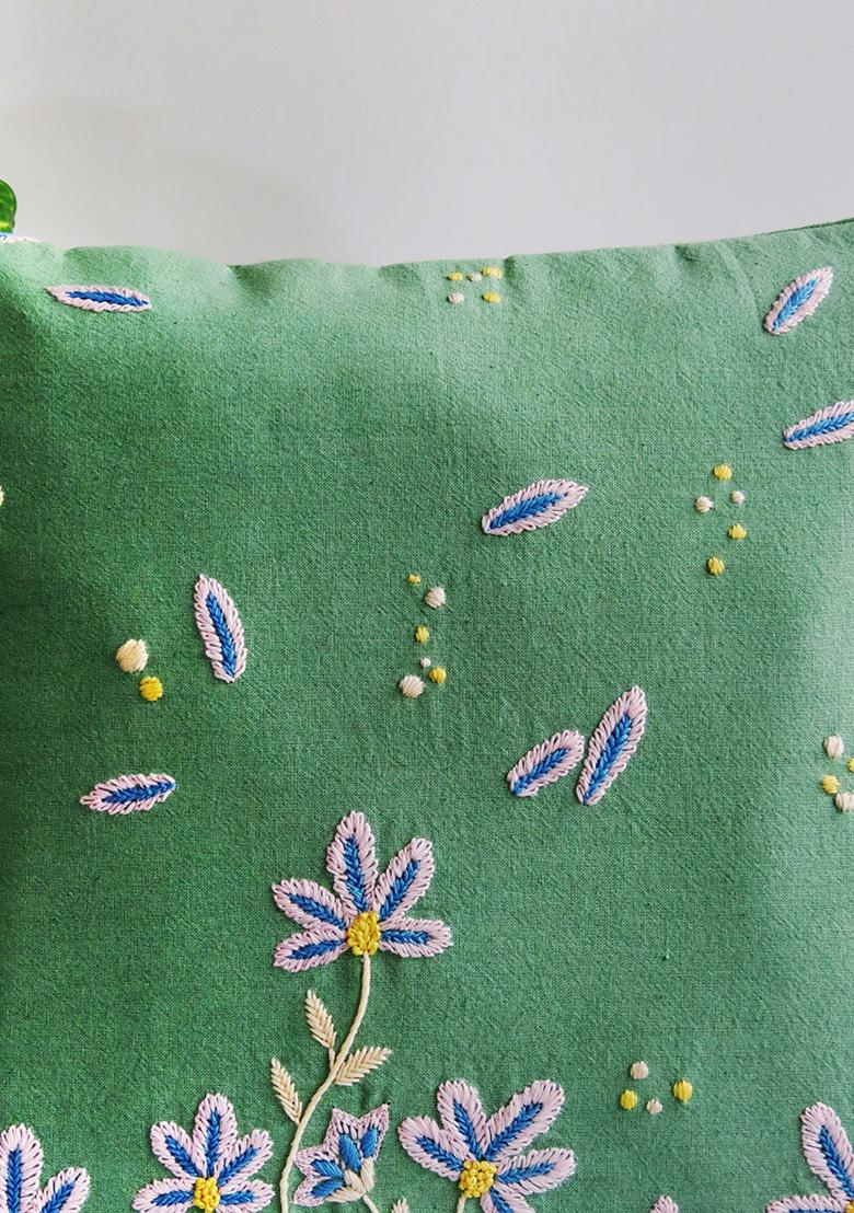 Mint Green Handcrafted Cotton Mint Blossom Cushion Cover