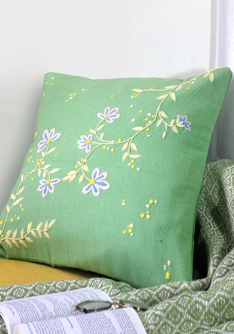 Mint Green Handmade Cotton Mint Blossom Cushion Cover
