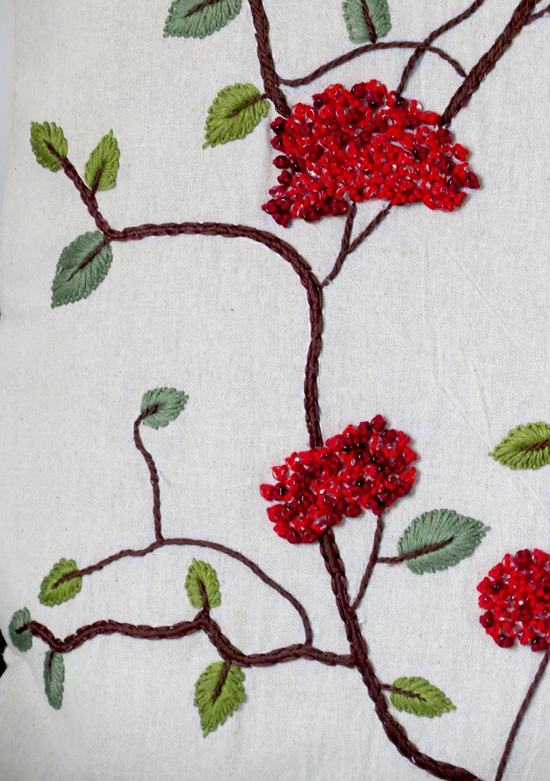 Off White Berry Bliss Hand Embroidery Cotton Cushion Cover