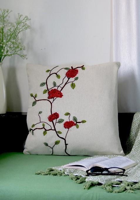 Off White Berry Bliss Hand Embroidery Cotton Cushion Cover
