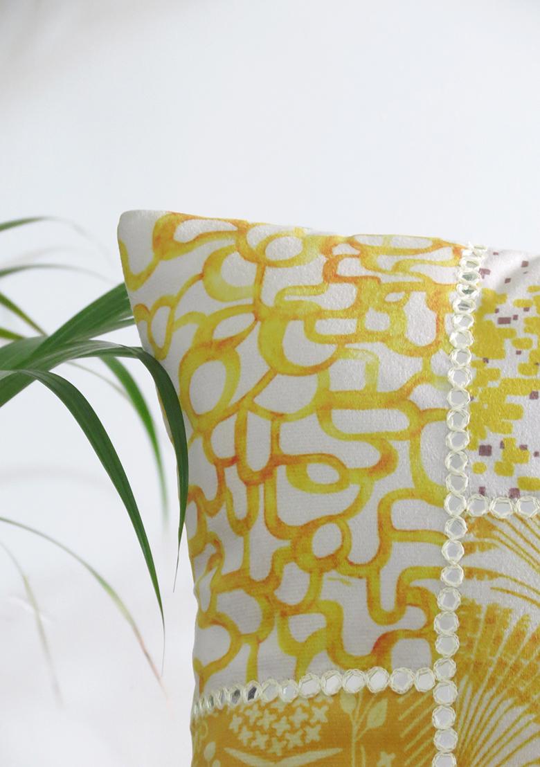 Yellow Mirror Work Cushion Cover