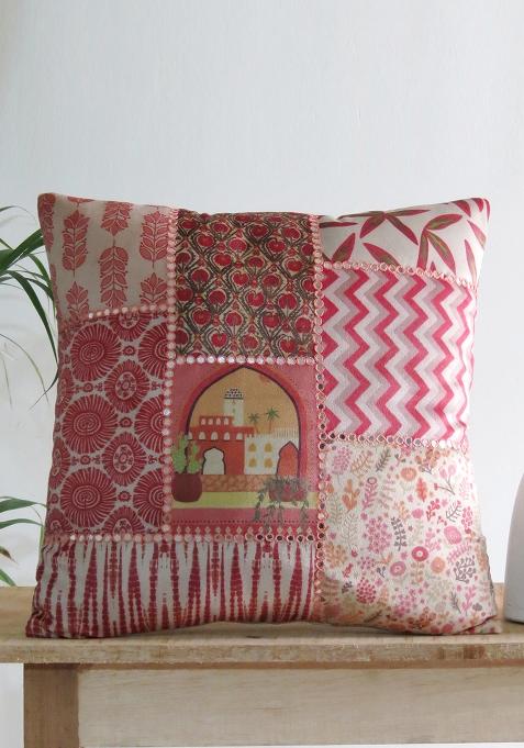 Pink Mirror Work Cushion Cover