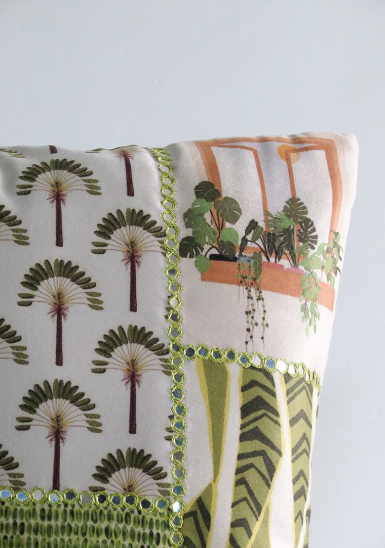 Green Mirror Work Cushion Cover