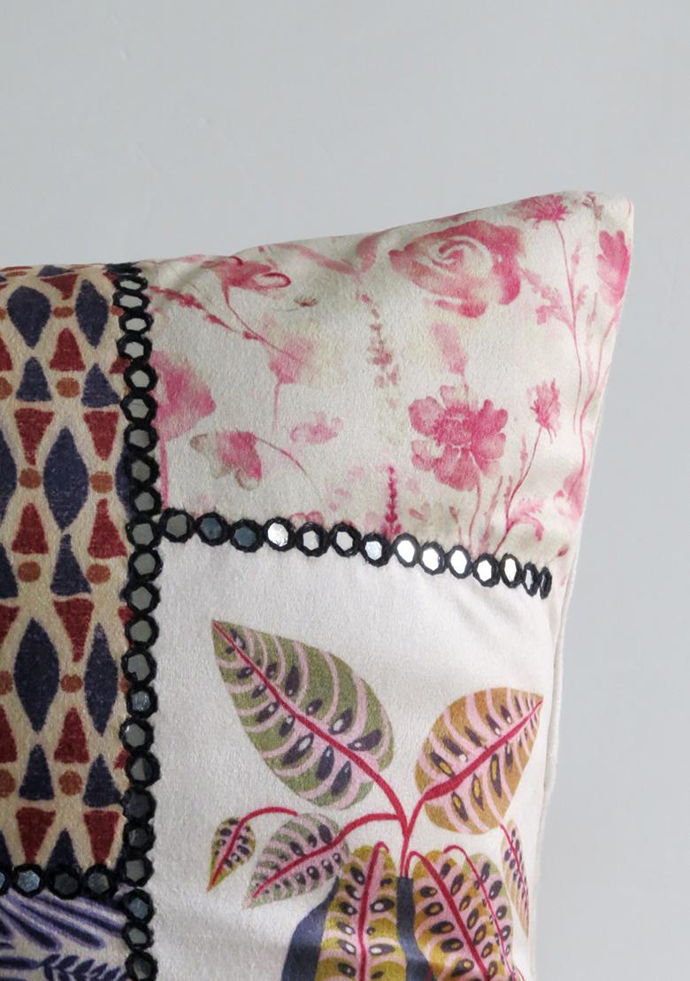 Blue Mirror Work Cushion Cover