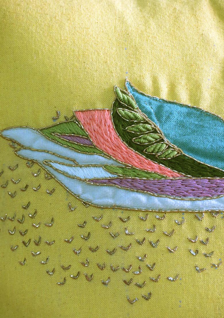 Yellow Hand Embroidered Cotton Cushion Cover