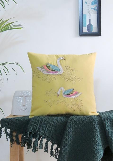 Yellow Hand Embroidered Cotton Cushion Cover