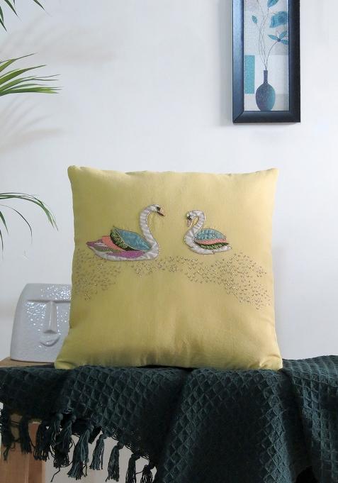 Yellow Hand Embroidered Cotton Cushion Cover