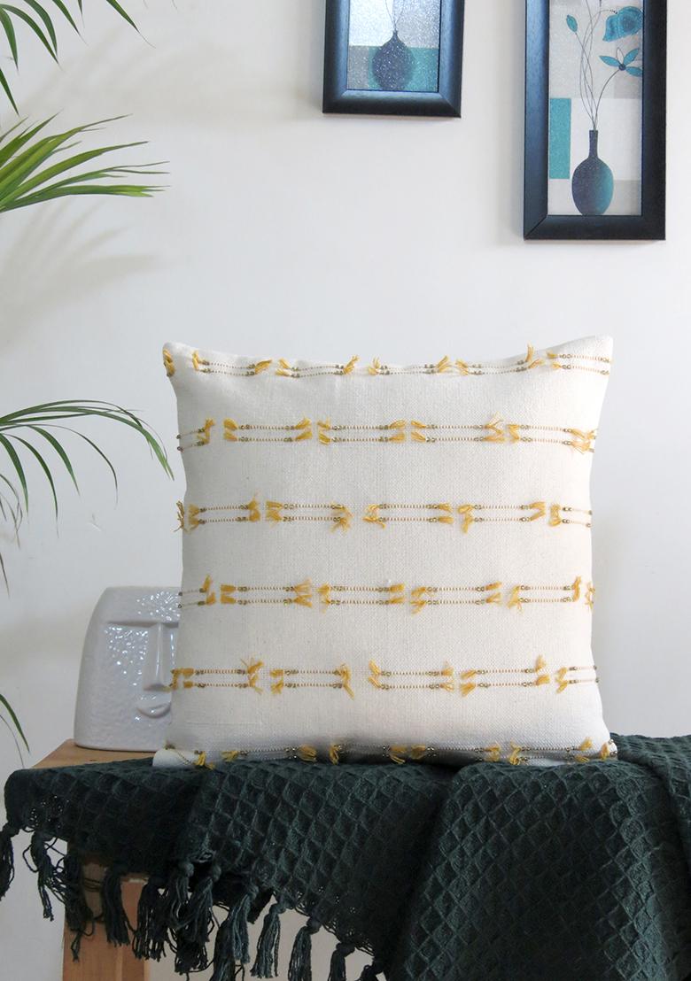 Yellow Hand Embroidered Cotton Cushion Cover (Set Of 3)