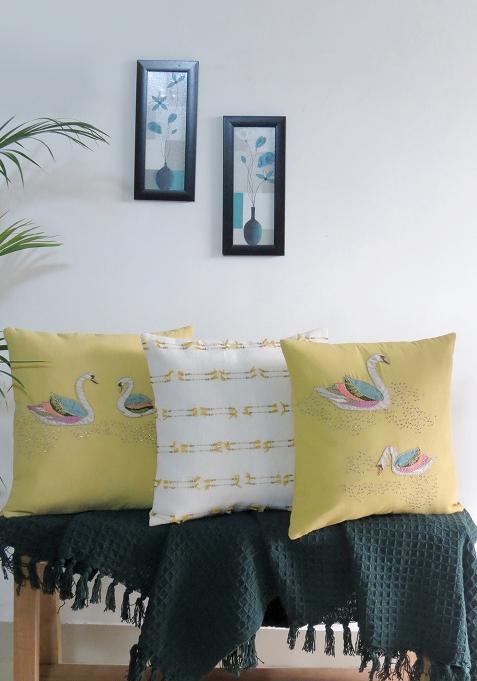 Yellow Hand Embroidered Cotton Cushion Cover (Set Of 3)