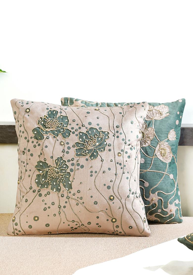 Green Gilded Garden Velvet Cushion Cover(Set Of 2)