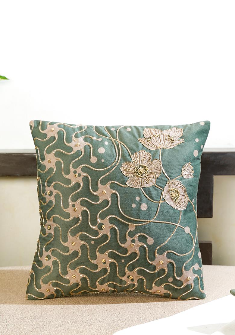 Green Gilded Garden Velvet Cushion Cover(Set Of 2)