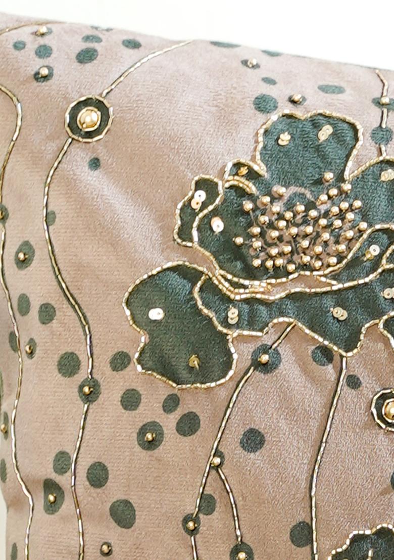 Green Gilded Garden Velvet Cushion Cover(Set Of 2)