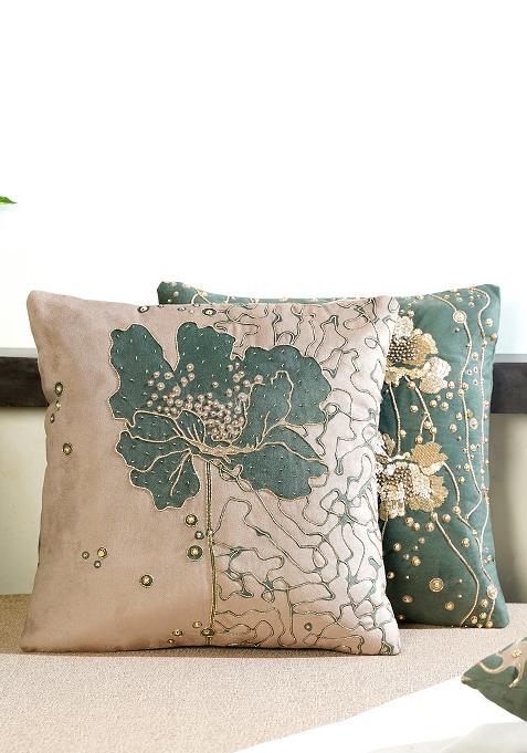Green Gilded Garden Velvet Cushion Cover(Set Of 2)