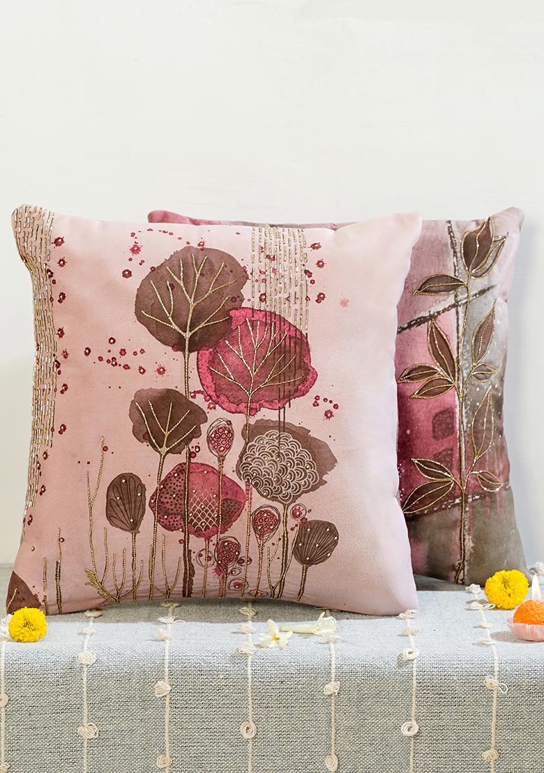 Pink Abstract Pattern And Hand Embroidery Work Cushion Cover