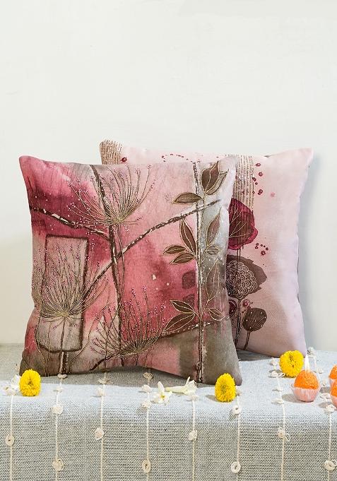 Pink Abstract Pattern And Hand Embroidery Work Cushion Cover