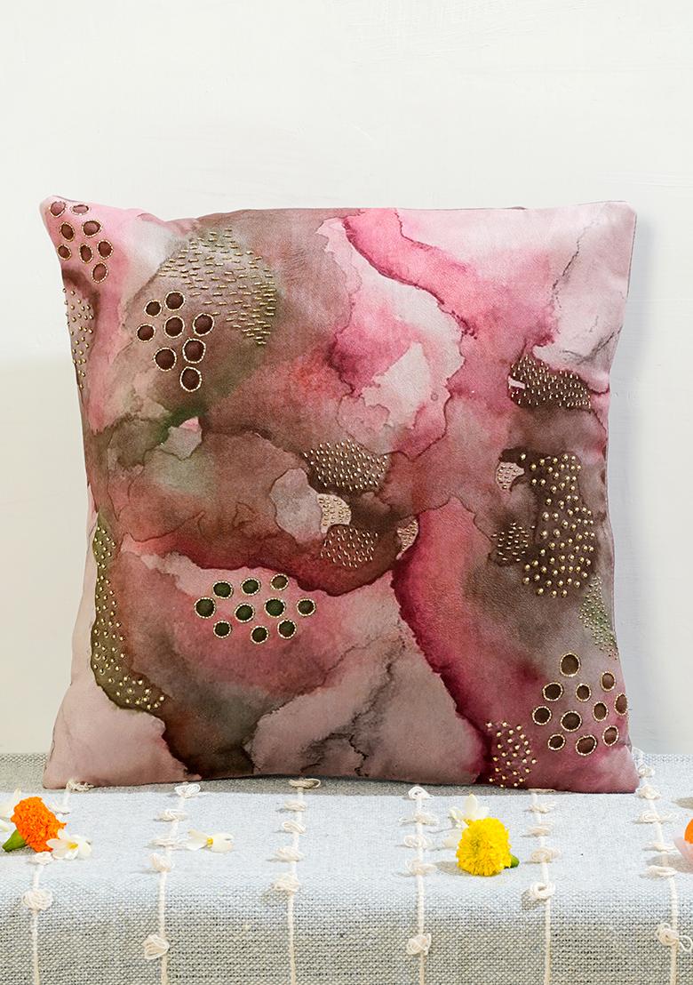 Pink Abstract Pattern And Hand Embroidery Work Cushion Cover