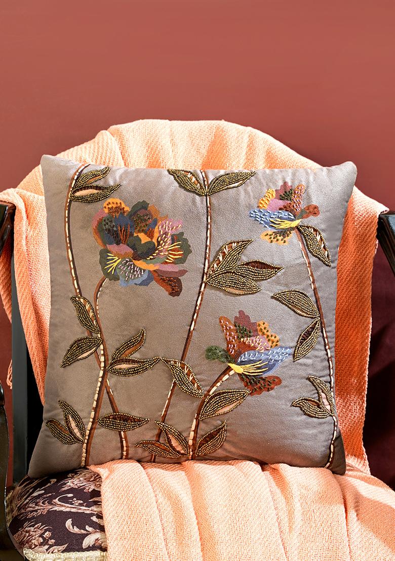 Beige Vibrant Roses Cushion Cover (Set Of 2)