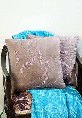 Beige Memory Maze Hand Embroidered Cushion Cover (Set Of 2)