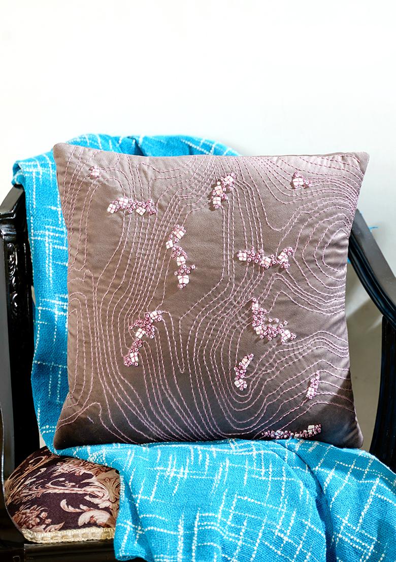 Beige Memory Maze Hand Embroidered Cushion Cover (Set Of 2)