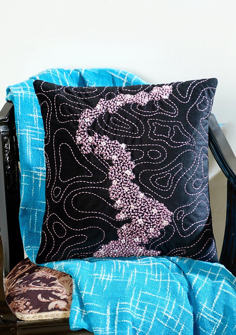 Beige Memory Maze And Velvet Cushion Cover (Set Of 2)