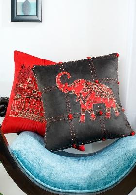 Black Elephant Velvet Cushion Cover (Set Of 2)