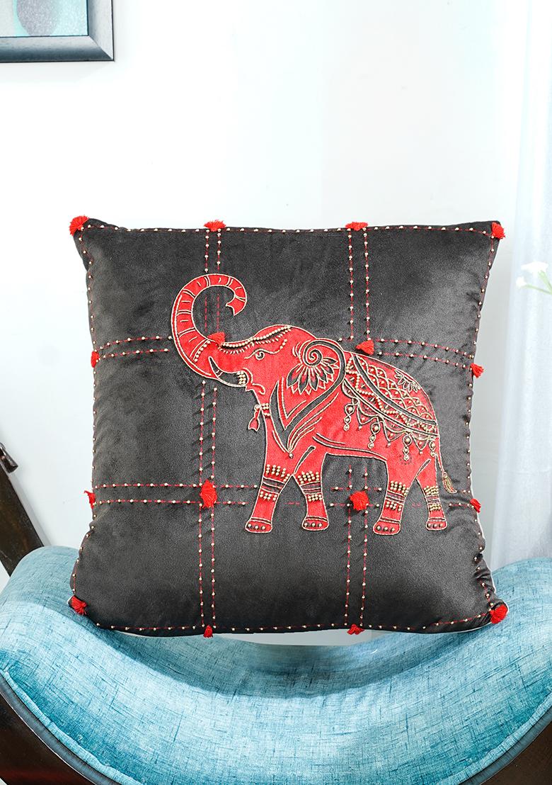 Black Elephant Velvet Cushion Cover (Set Of 2)