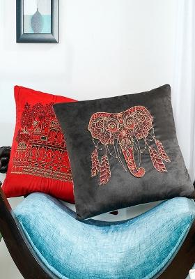 Black Hand Embroidered Velvet Cushion Cover (Set Of 2)