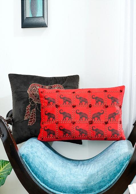 Black Printed Hand Embroidered Velvet Cushion Cover (Set Of 2)