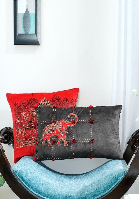 Black Hand Embroidered Cushion Cover (Set Of 2)