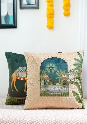 Beige Royal Opulence Jharokha Velvet Cushion Cover (Set Of 2)