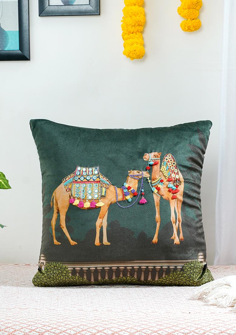 Beige Royal Opulence Jharokha Velvet Cushion Cover (Set Of 2)