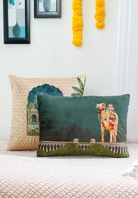 Beige Royal Opulence Jharokha Camel Velvet Cushion Cover (Set Of 2)