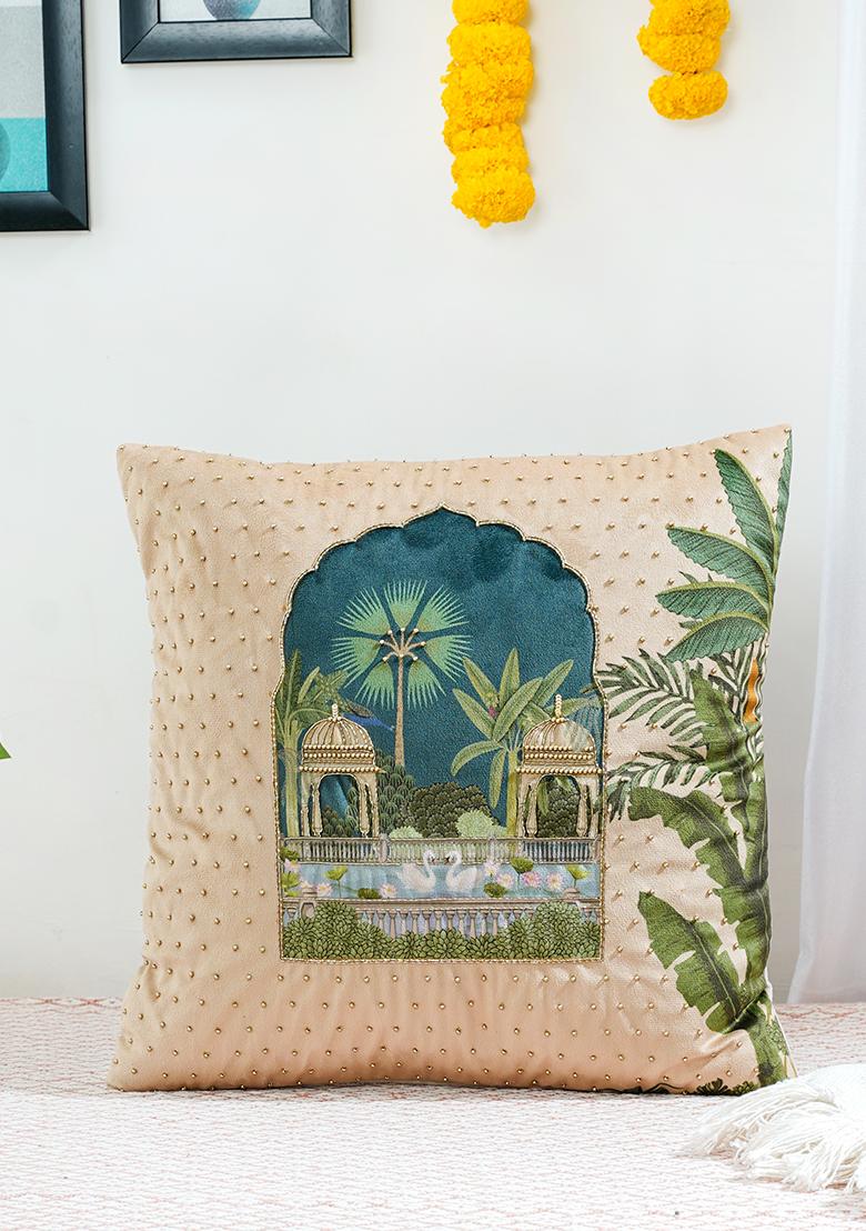 Beige Royal Opulence Jharokha Camel Velvet Cushion Cover (Set Of 2)