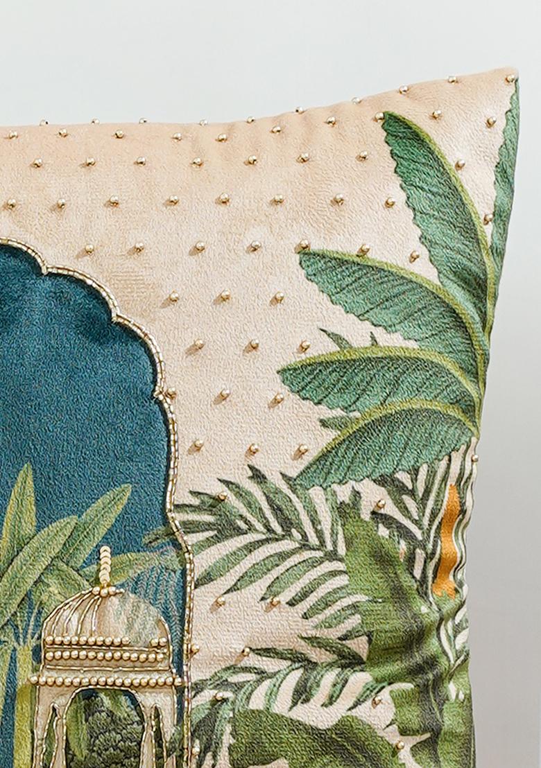 Beige Royal Opulence Jharokha Camel Velvet Cushion Cover (Set Of 2)