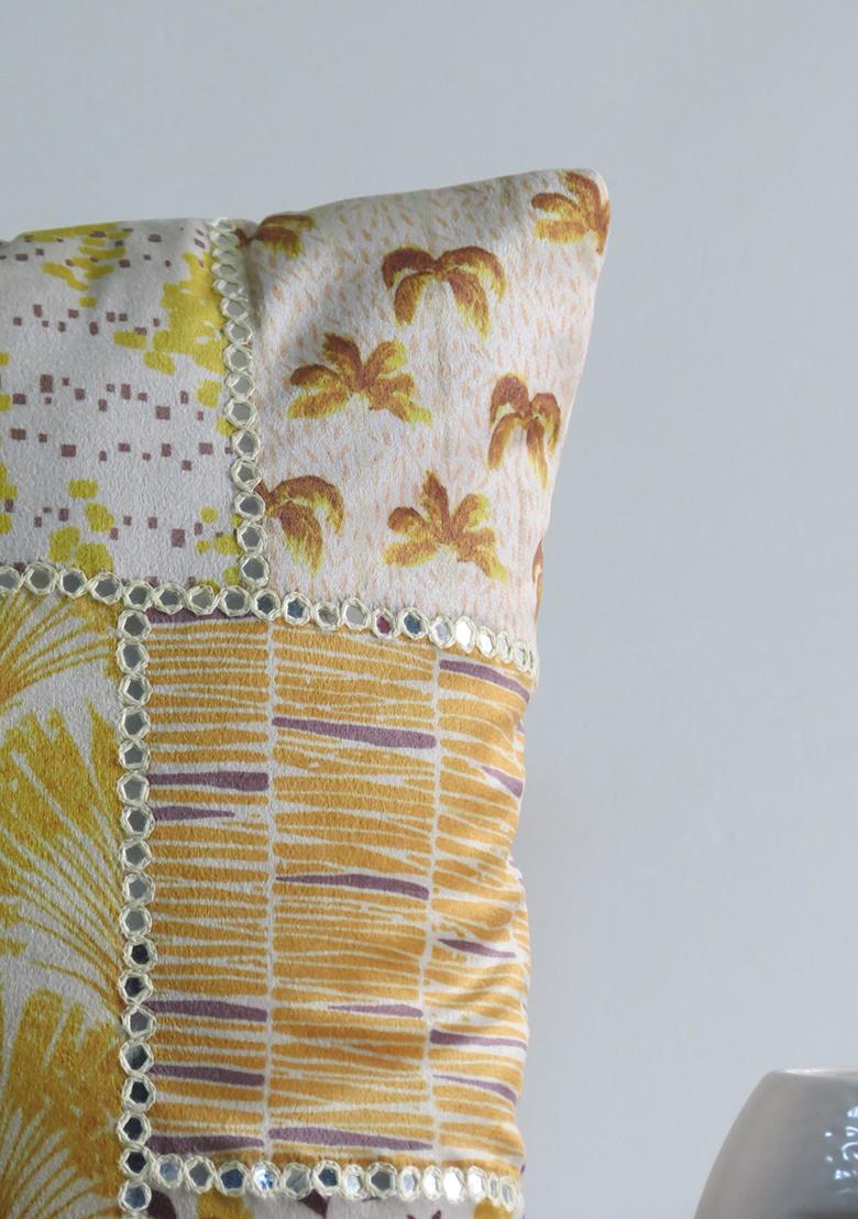 Yellow Mirror Work Cushion Cover (Set Of 2)