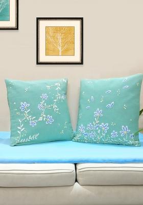 Mint Green Hand Embroidered Cotton Mint Blossom Cushion Cover