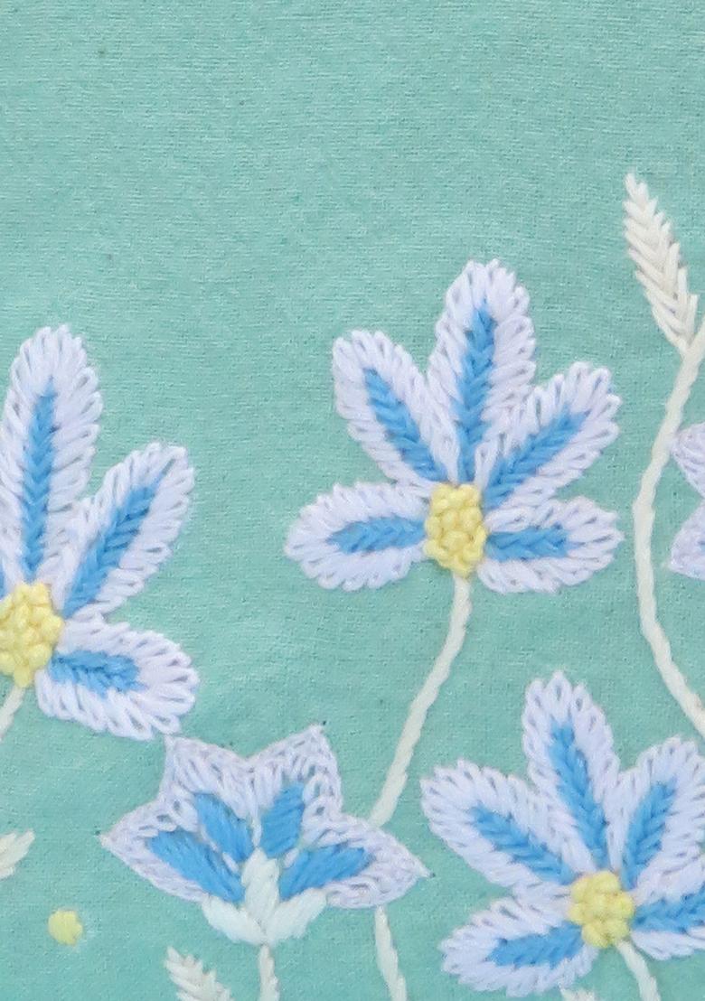 Mint Green Hand Embroidered Cotton Mint Blossom Cushion Cover