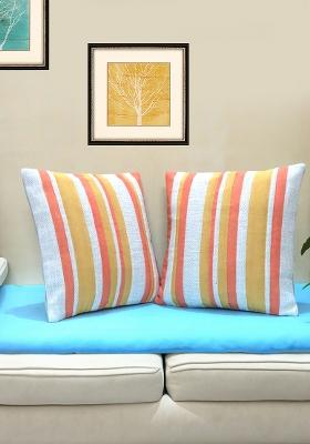 Off White Fabric Panels Cotton Cushion Cover (Set Of 2)