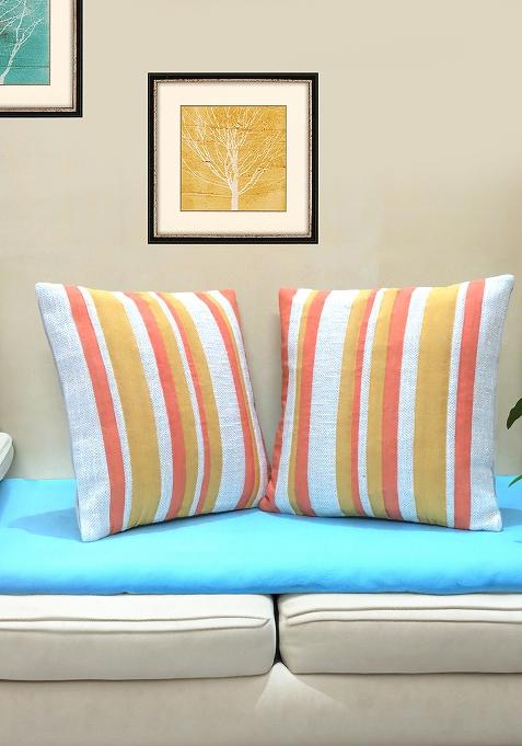 Off White Fabric Panels Cotton Cushion Cover (Set Of 2)