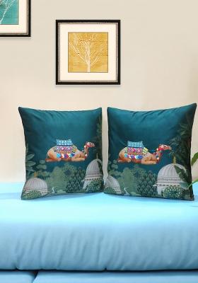 Teal Hand Embroidered Velvet Cushion Cover (Set Of 2)