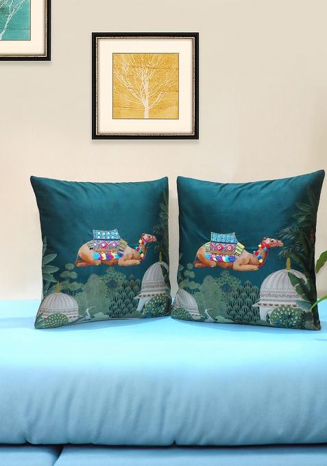 Teal Hand Embroidered Velvet Cushion Cover (Set Of 2)