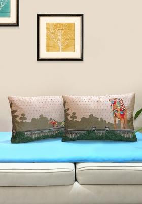 Beige Hand Embroidered Velvet Cushion Cover (Set Of 2)