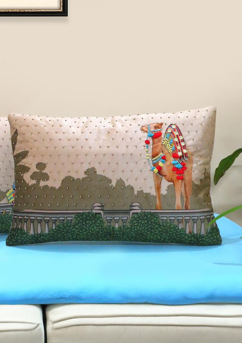 Beige Hand Embroidered Velvet Cushion Cover (Set Of 2)