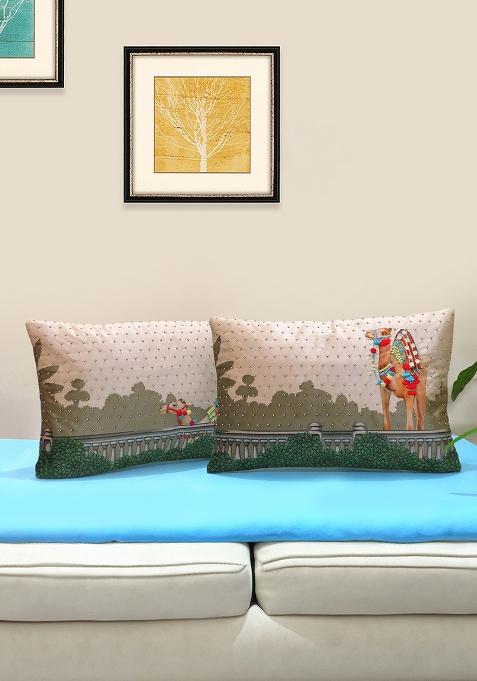 Beige Hand Embroidered Velvet Cushion Cover (Set Of 2)