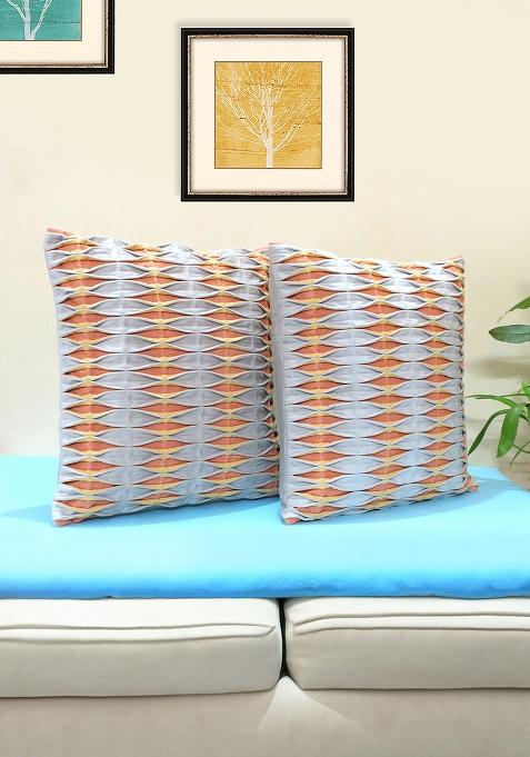 Off White Folded Fabric Velvet With Cotton Cushion Covers (Set Of 2)