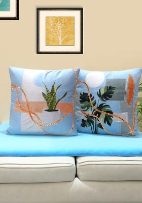 Sky Blue Harmony Of Elements Velvet Cushion Cover (Set Of 2)