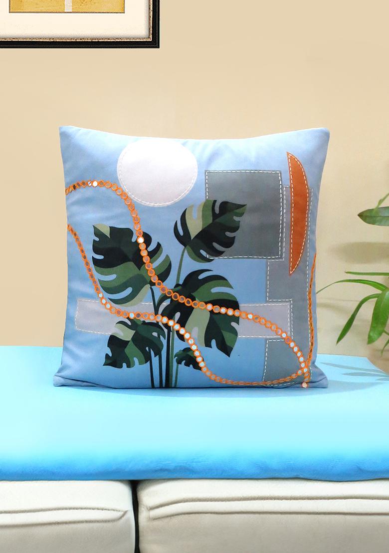 Sky Blue Harmony Of Elements Velvet Cushion Cover (Set Of 2)