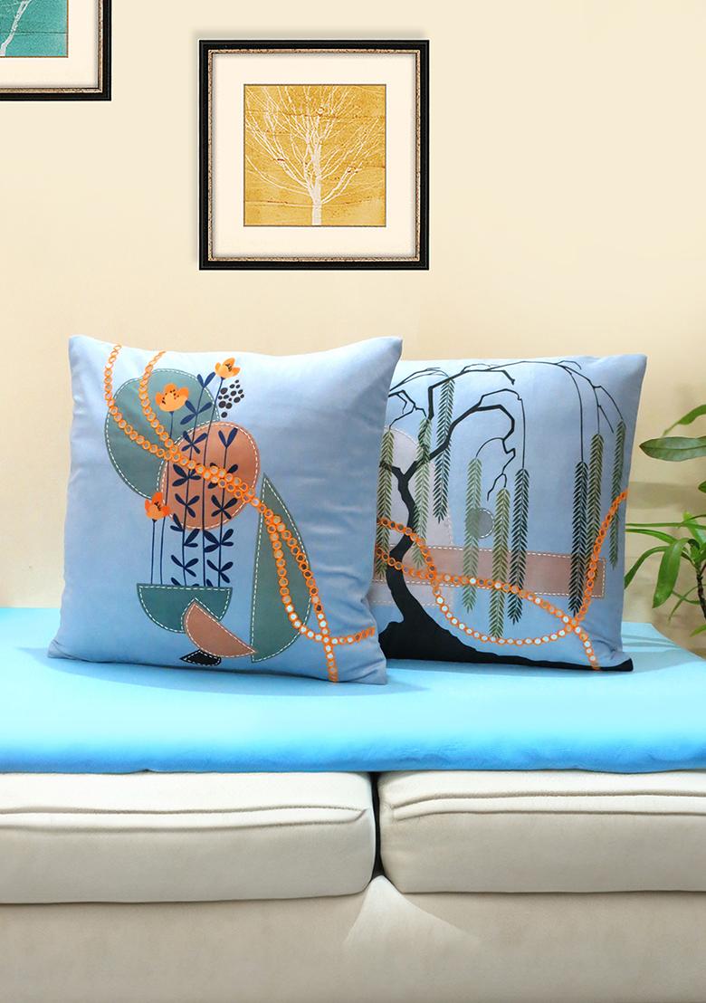 Sky Blue Velvet Cushion Cover (Set Of 2)