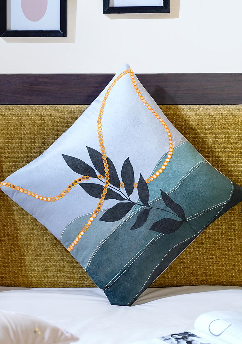 Sky Blue Mirror Work Velvet Cushion Cover (Set Of 2)